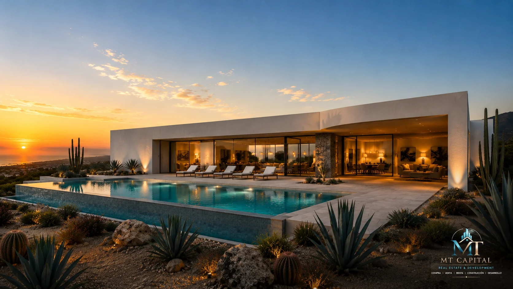 MT Capital Real Estate & Development casa residencial moderna de lujo con alberca infinita en Baja California.