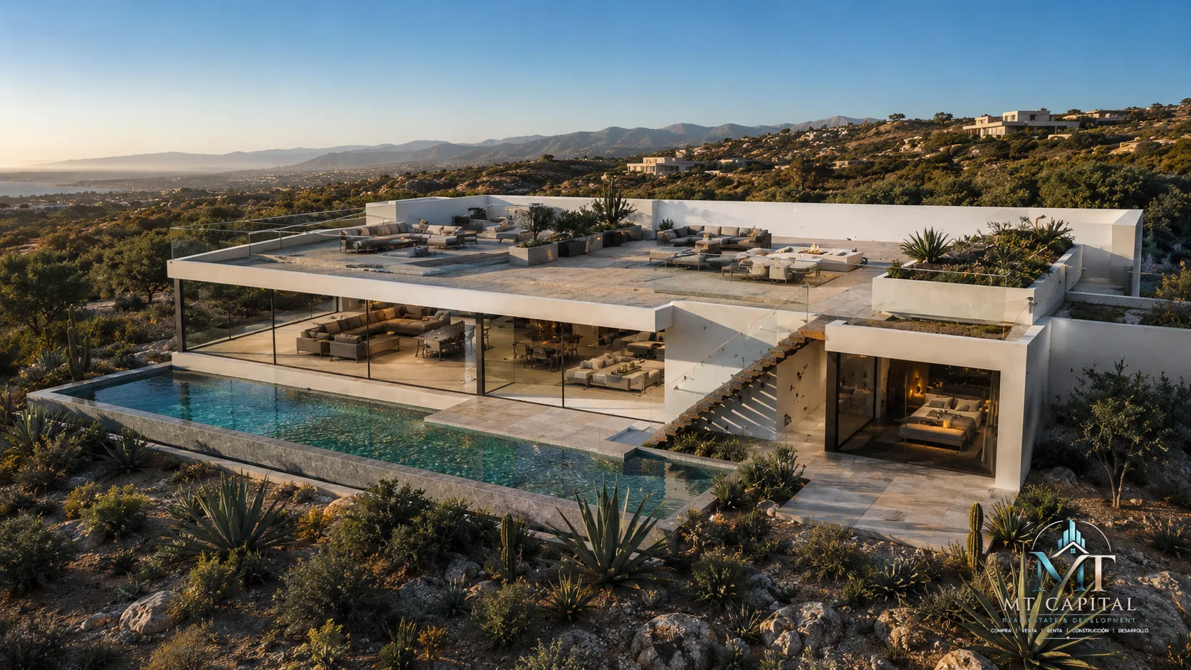 MT Capital Real Estate & Development casa residencial moderna de lujo con alberca infinita en Baja California.