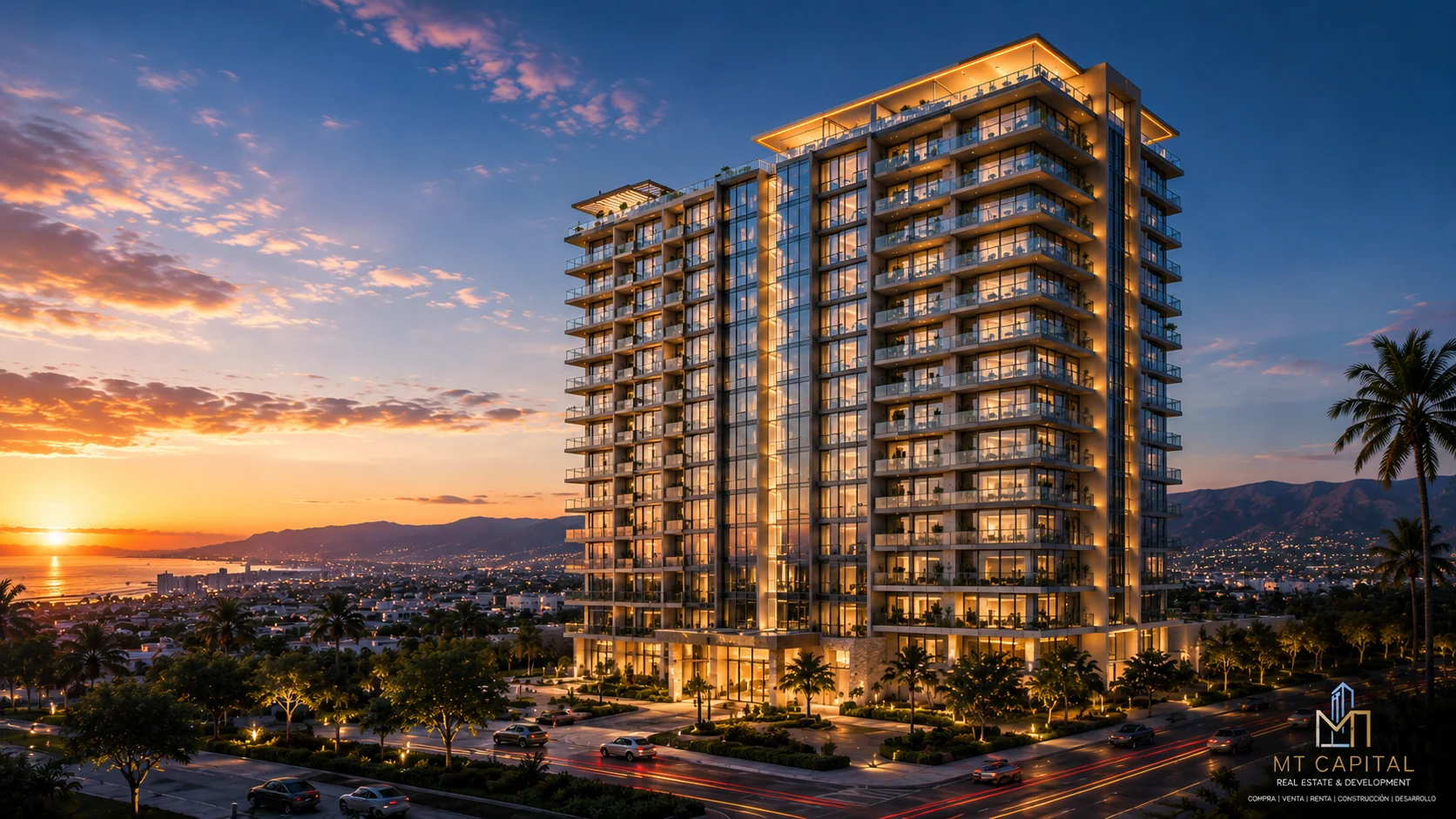 Render arquitectónico moderno de lujo MT Capital Real Estate & Development en formato horizontal.