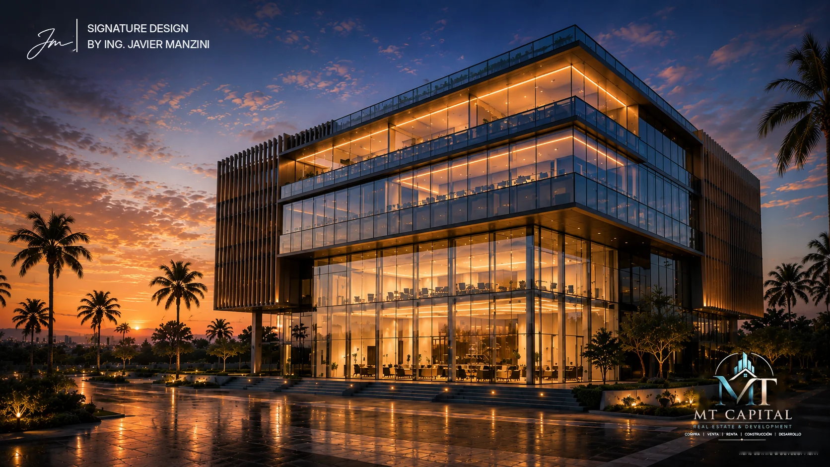 Modern corporate office building render by MT Capital Real Estate & Development, signature design by Ing. Javier Manzini.
