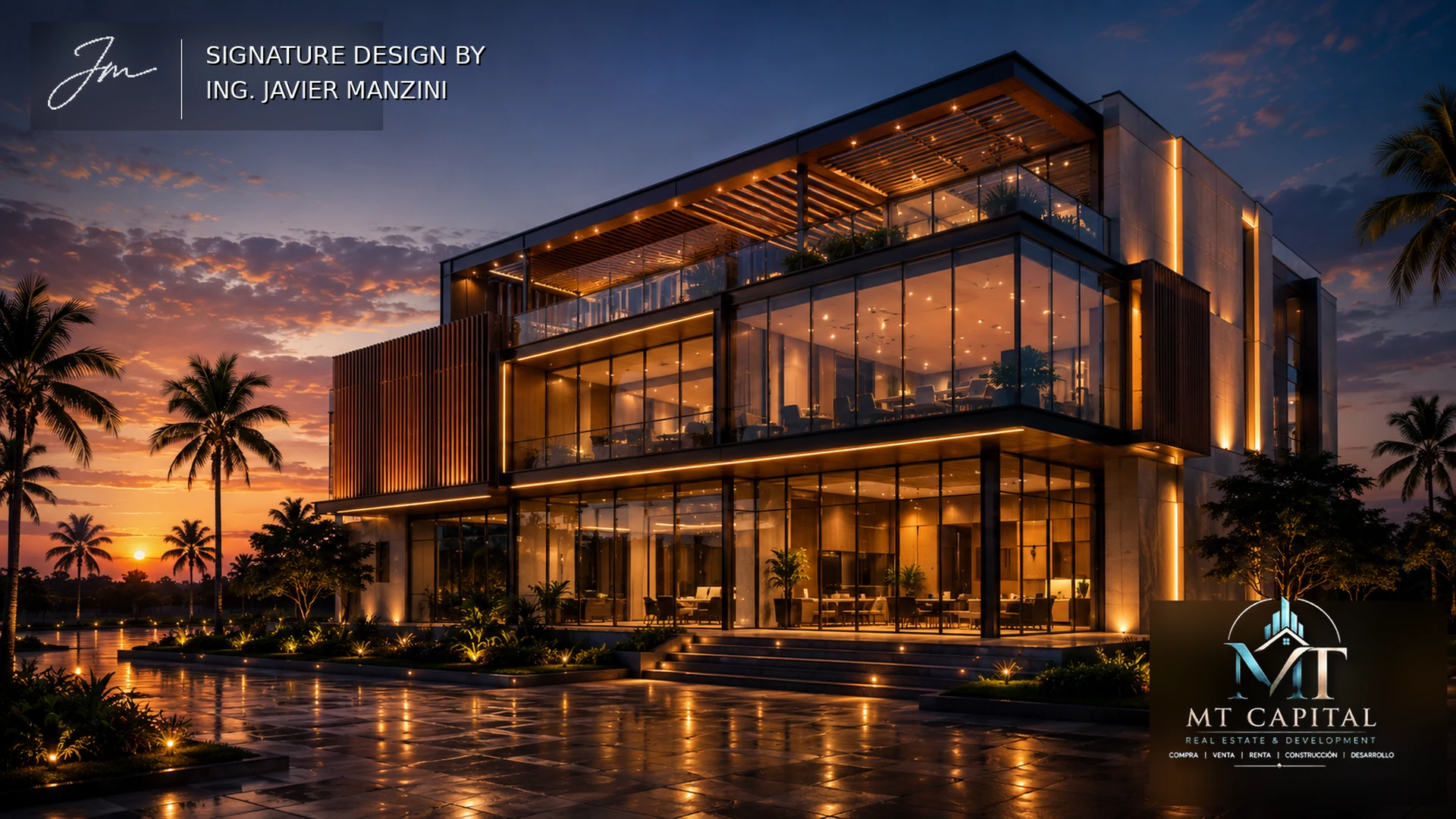 Render arquitectónico premium de condominio residencial moderno con terrazas, jardines y diseño MT Capital Real Estate and Development.