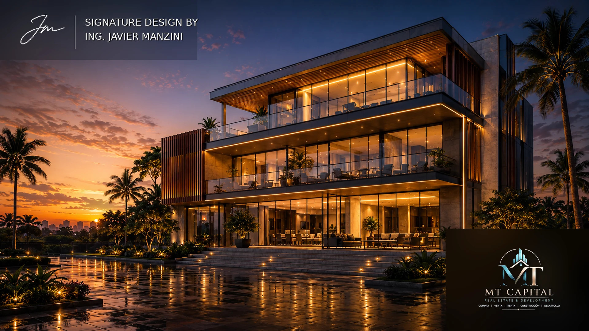Render arquitectónico premium de torre corporativa de lujo con fachada paramétrica, iluminación nocturna y diseño MT Capital Real Estate and Development.