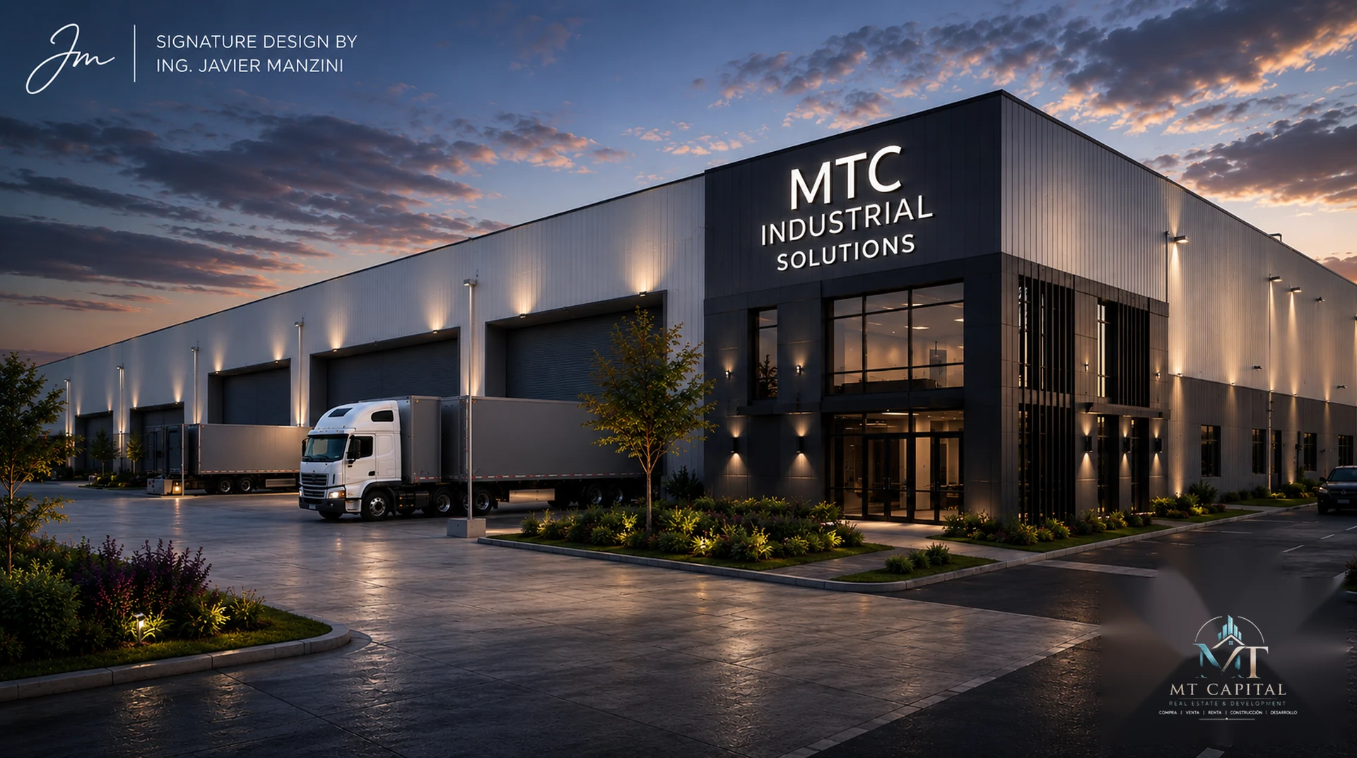 Render arquitectónico de nave industrial premium MTC Industrial Solutions, con fachada moderna, andenes de carga, tráiler visible, iluminación exterior, landscaping y diseño corporativo MT Capital Real Estate and Development.