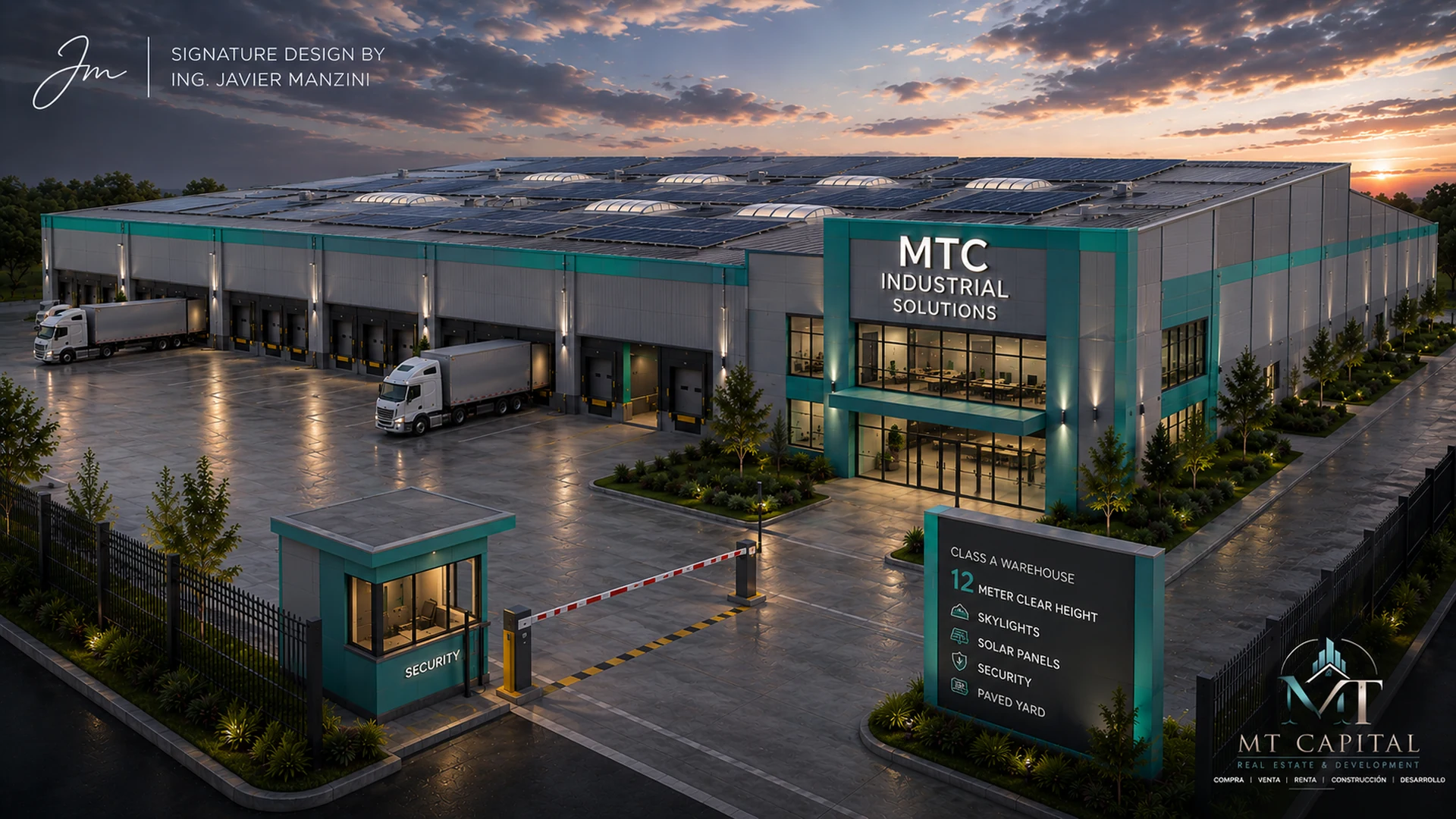 Render arquitectónico de nave industrial Clase A MTC Industrial Solutions, con muros grises, acentos verde Tiffany, paneles solares, skylights, caseta de seguridad, patio pavimentado y andenes de carga para tráileres.