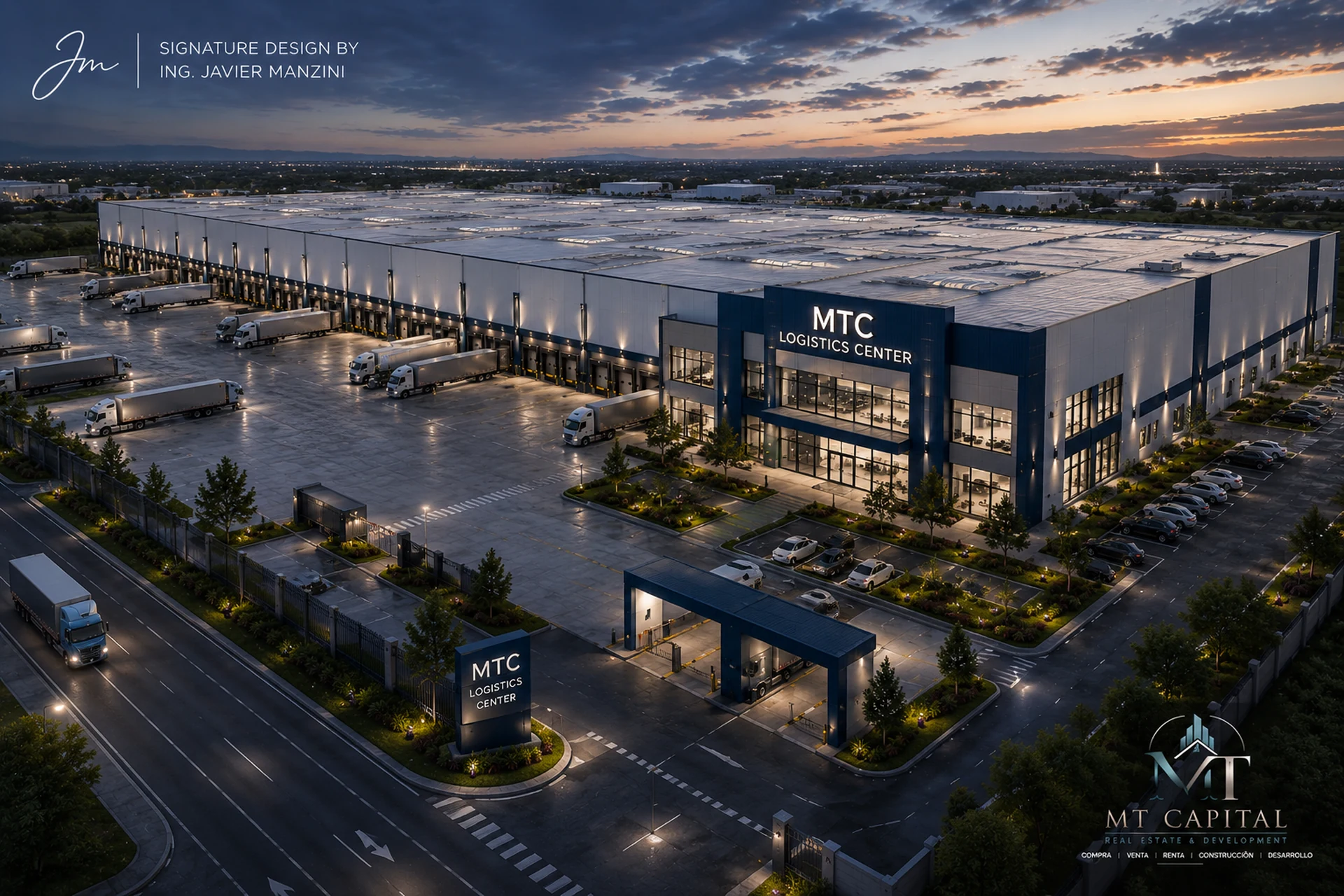 Render arquitectónico aéreo de centro logístico premium MTC Logistics Center, con gran nave industrial, múltiples andenes de carga, patio logístico amplio, camiones, acceso controlado, fachada gris con acentos azul marino y diseño corporativo MT Capital Real Estate and Development.