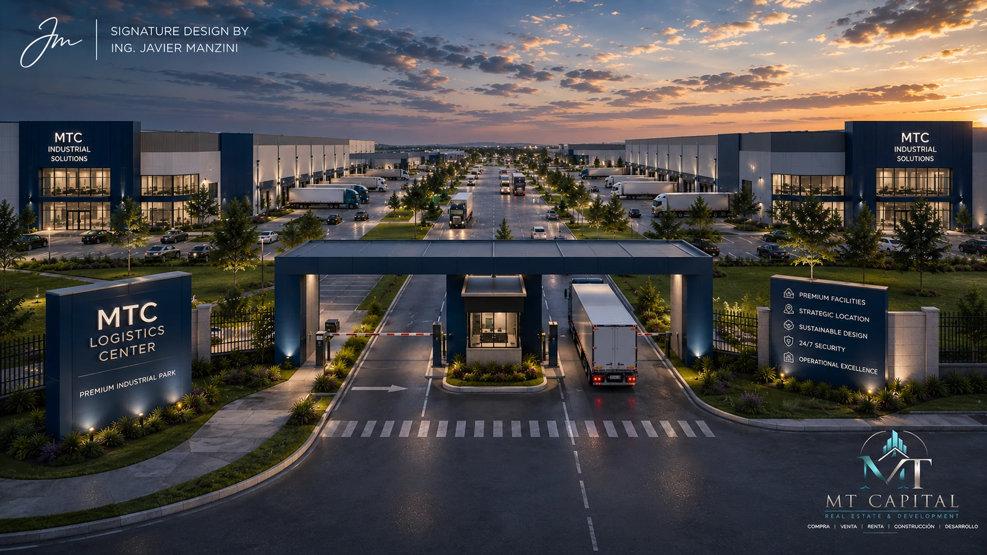 Render arquitectónico de parque industrial premium MTC Logistics Center, con acceso controlado, vialidades internas, naves industriales modernas, tráileres, landscaping, iluminación corporativa y diseño MT Capital Real Estate and Development.
