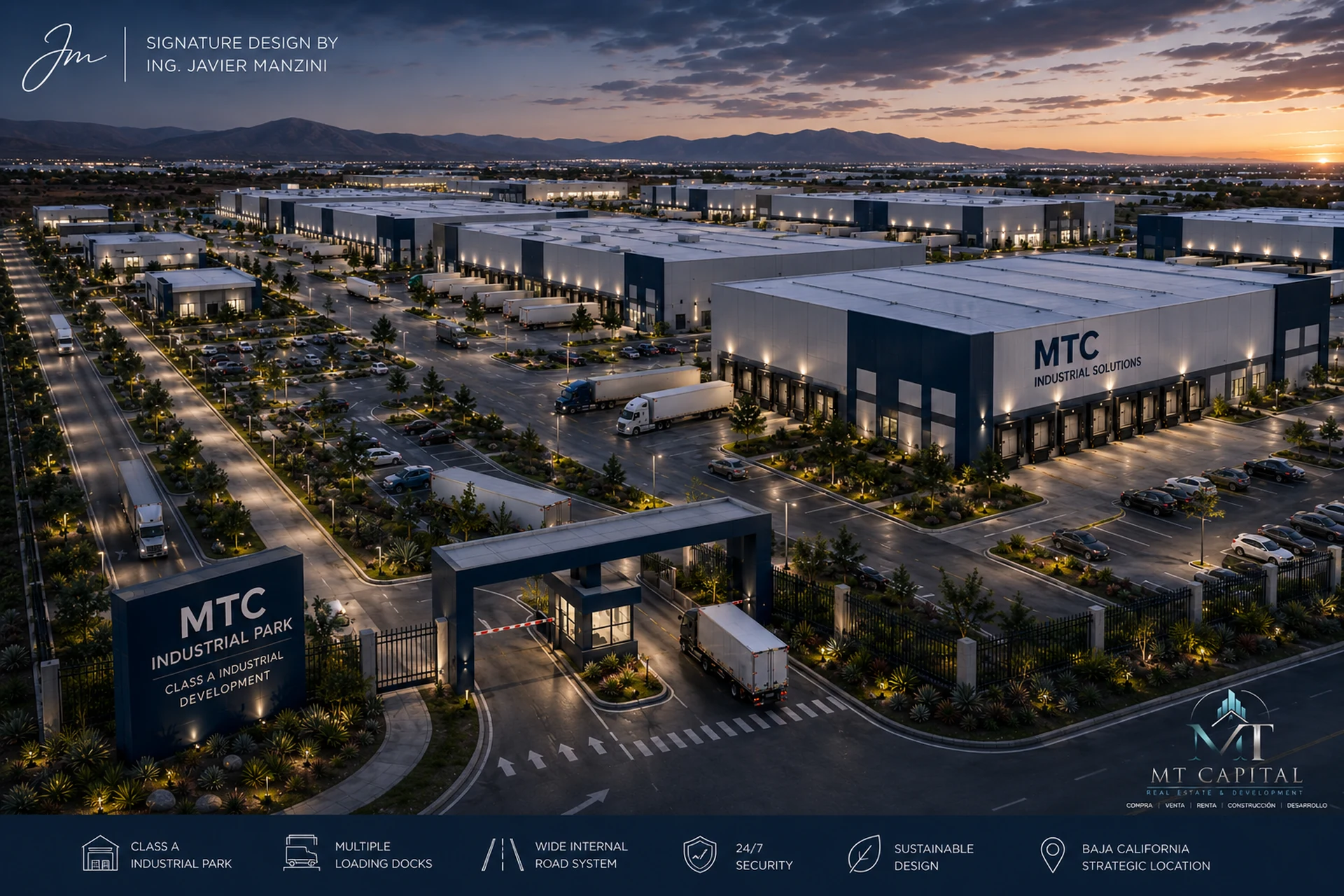 Render arquitectónico aéreo de parque industrial Clase A MTC Industrial Park, con múltiples naves industriales uniformes, vialidades internas amplias, andenes de carga, tráileres, acceso controlado, montañas al fondo, landscaping y diseño corporativo MT Capital Real Estate and Development.