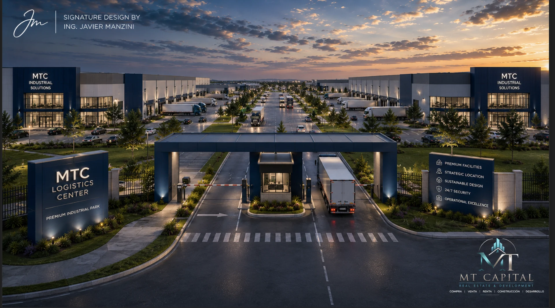 Render arquitectónico de parque industrial premium MTC Logistics Center, con acceso controlado, vialidades internas, naves industriales modernas, tráileres, landscaping, iluminación corporativa y diseño MT Capital Real Estate and Development.