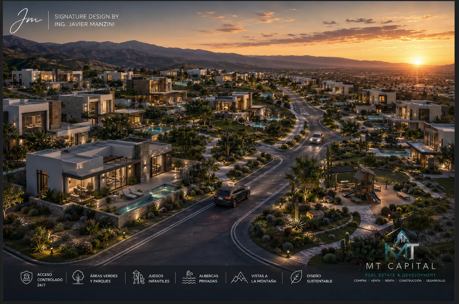 Render arquitectónico aéreo de urbanización residencial premium MT Capital, con casas modernas, calles curvas, áreas verdes, playground, albercas privadas, vistas a la montaña y diseño sustentable.