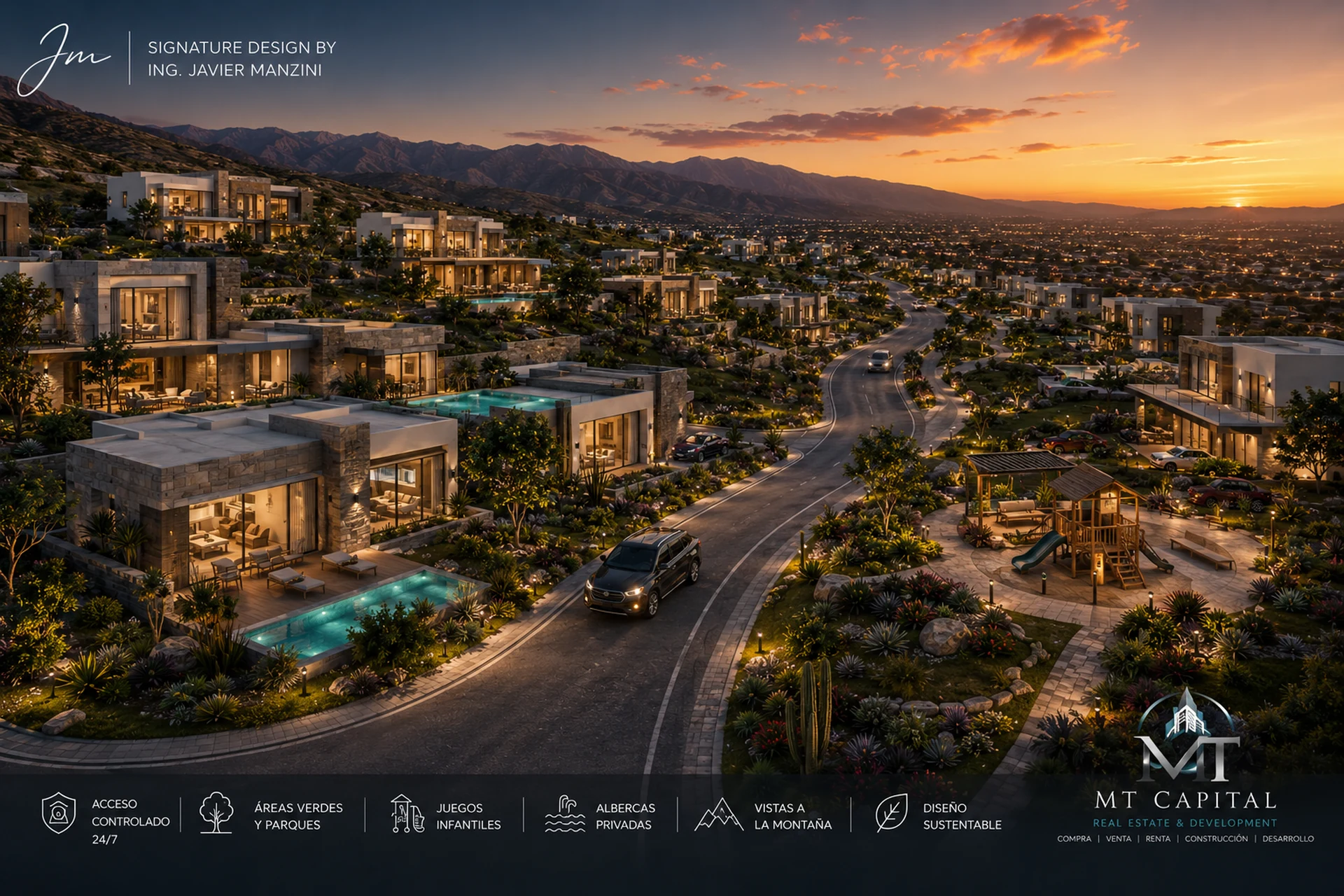 Render arquitectónico de comunidad residencial moderna MT Capital, con casas premium, clubhouse, albercas privadas, playground, áreas verdes maduras, iluminación de atardecer y amenidades residenciales.