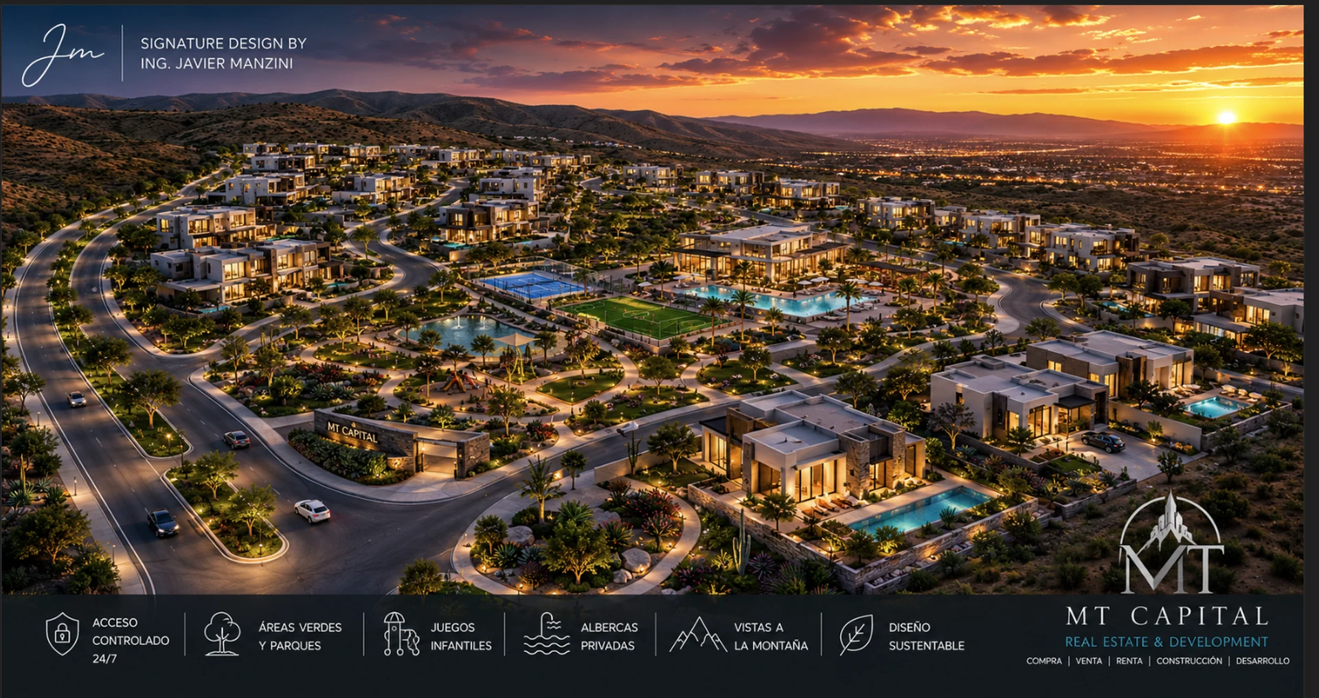 Render arquitectónico aéreo de masterplan residencial premium MT Capital, con casas modernas, amenidades centrales, áreas verdes, albercas privadas, juegos infantiles, vistas a la montaña y diseño sustentable.